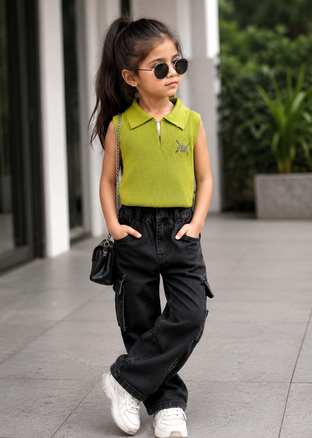 Girls Lime Green Sleeveless Ribbed Collar Top for Kids | Stylish Casual Summer Top