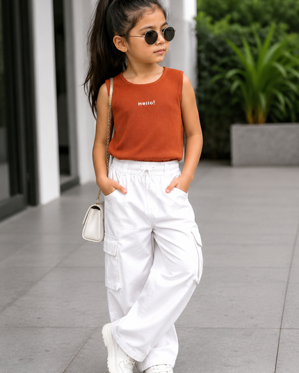 Girls Rust Orange Sleeveless Crop Top for Kids | Trendy Casual Summer Top