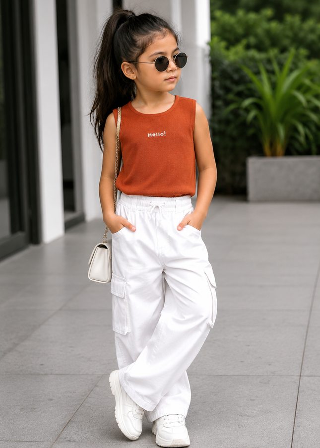 Girls Rust Orange Sleeveless Crop Top for Kids | Trendy Casual Summer Top