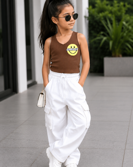 Girls Brown Ribbed Sleeveless Smiley Top for Kids | Trendy Casual Fashion Top