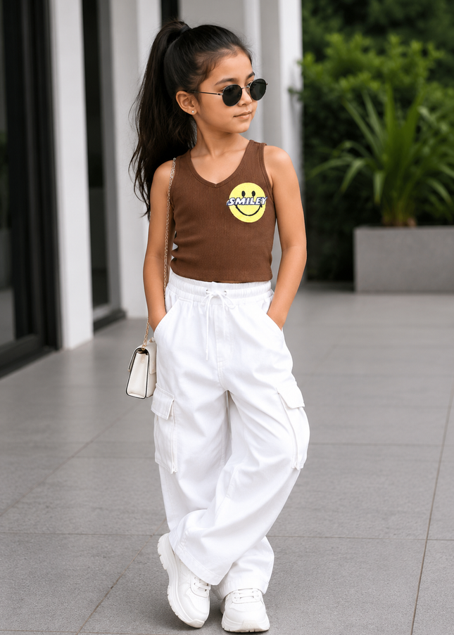 Girls Brown Ribbed Sleeveless Smiley Top for Kids | Trendy Casual Fashion Top