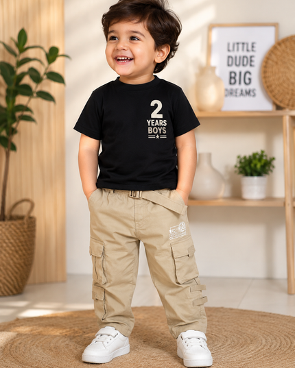 He And She Boys Beige Cargo Jeans with Belt | Stylish Multi-Pocket Cotton Pants for Kids
