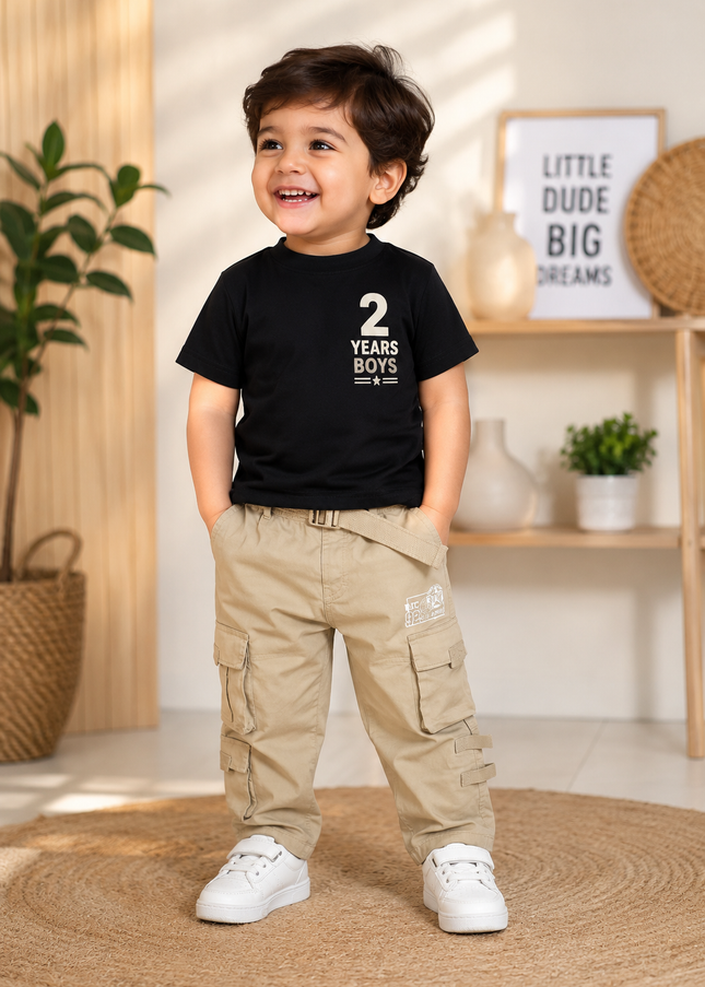 He And She Boys Beige Cargo Jeans with Belt | Stylish Multi-Pocket Cotton Pants for Kids