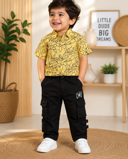 He And She Boys Yellow Printed Casual Shirt | Stylish Half Sleeve Cotton Shirt for Kids