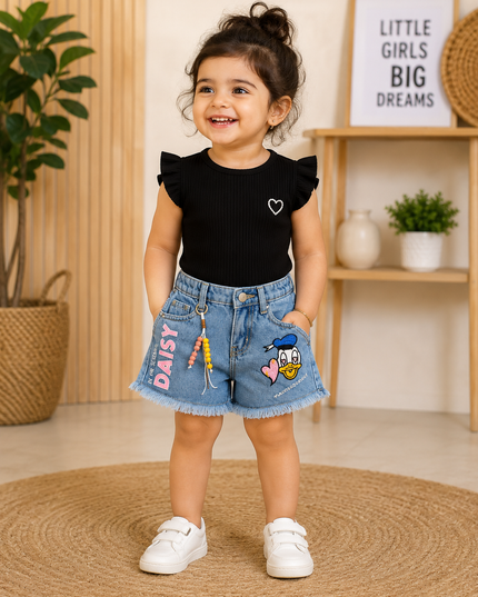 He And She Girls Light Blue Denim Shorts | Cute Cartoon Printed Casual Shorts for Kids