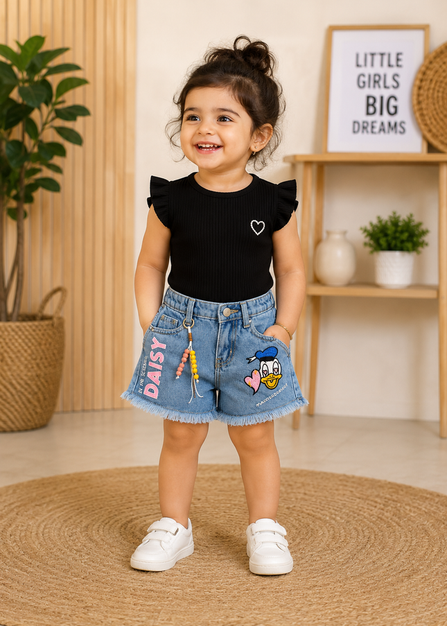 He And She Girls Light Blue Denim Shorts | Cute Cartoon Printed Casual Shorts for Kids