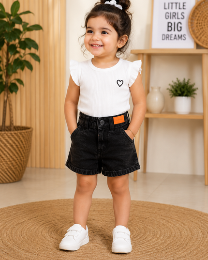 He And She Girls Black Denim Shorts | Stylish Casual Cotton Shorts for Kids