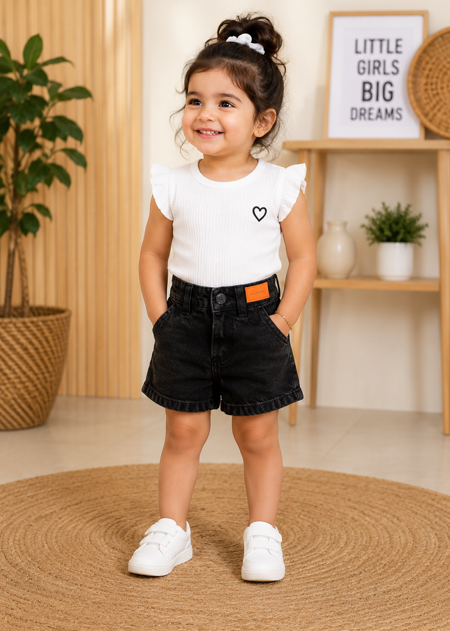 He And She Girls Black Denim Shorts | Stylish Casual Cotton Shorts for Kids