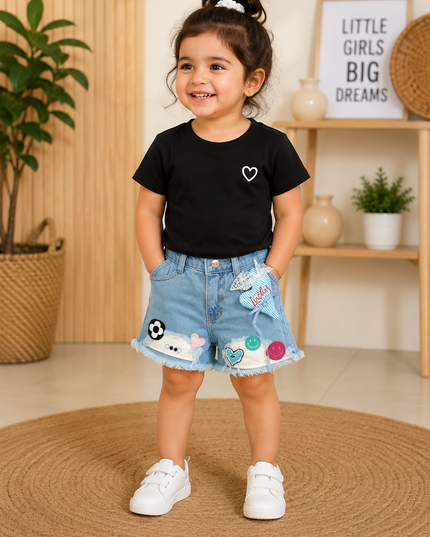He And She Girls Light Blue Denim Shorts | Cute Patch Work Casual Shorts for Kids