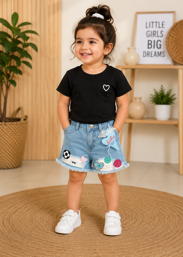He And She Girls Light Blue Denim Shorts | Cute Patch Work Casual Shorts for Kids