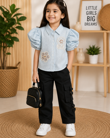 He And She Girls Blue Striped Puff Sleeve Top | Stylish Embroidered Casual Top for Kids