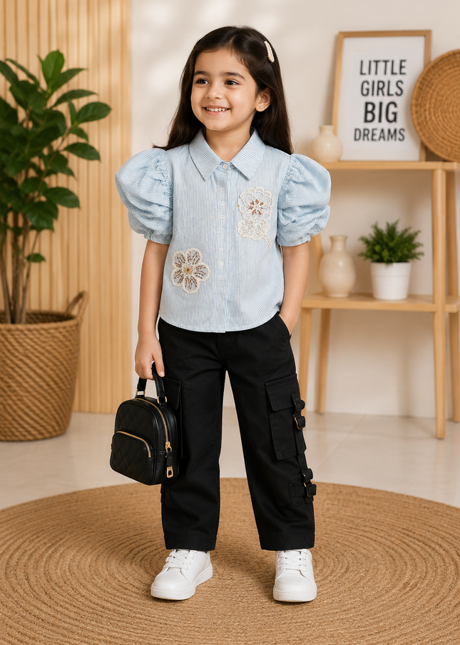 He And She Girls Blue Striped Puff Sleeve Top | Stylish Embroidered Casual Top for Kids
