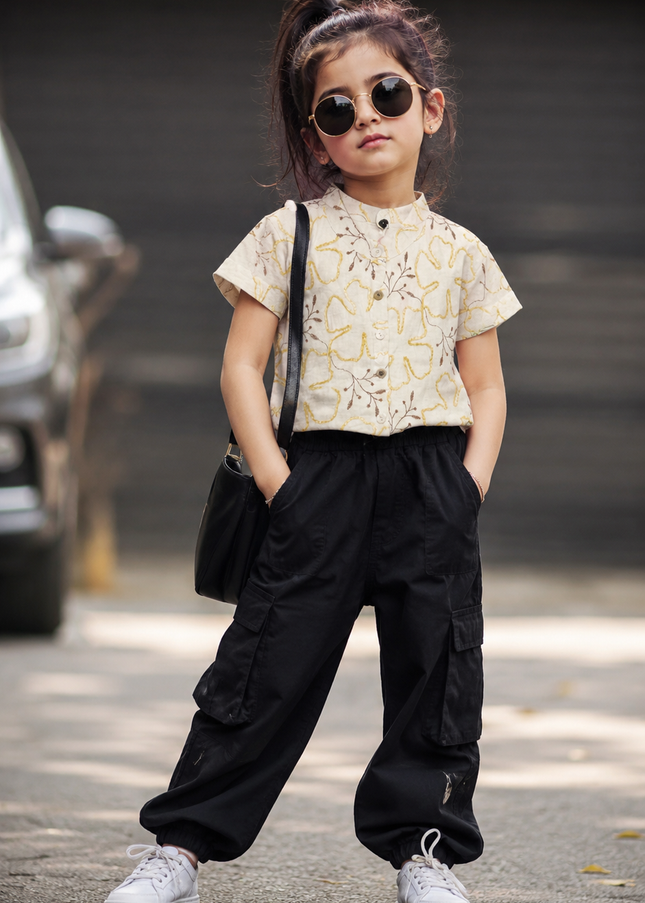 He and She Girls Floral Embroidered Mandarin Collar Top – Stylish Casual Cotton Blend Top for Girls