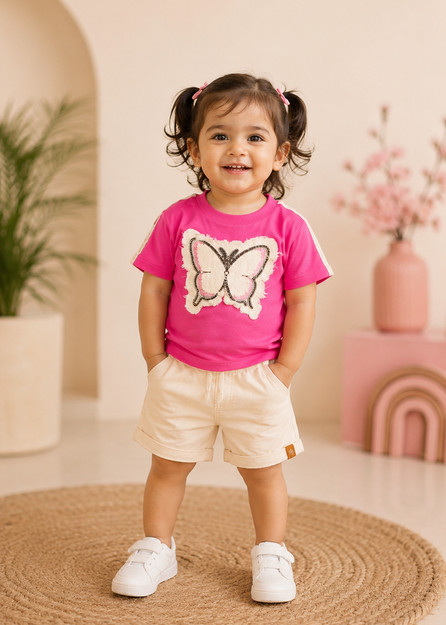He and She Girls Pink Butterfly Applique Top – Stylish Casual Cotton Blend Top for Girls