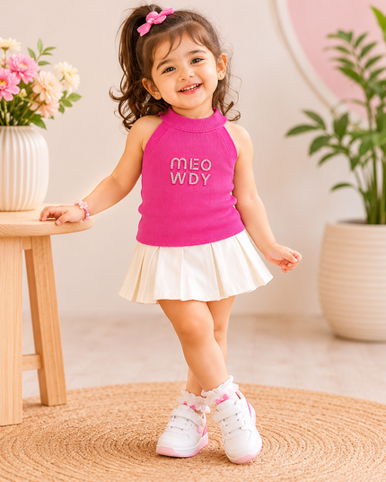 He and She Girls Pink Ribbed Sleeveless Top – Trendy Casual Fashion Top for Girls