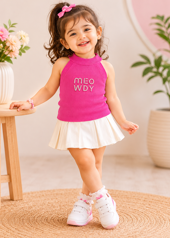 He and She Girls Pink Ribbed Sleeveless Top – Trendy Casual Fashion Top for Girls