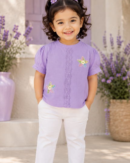 Girls Lavender Floral Lace Cotton Top for Kids | Stylish Casual Party Wear Top