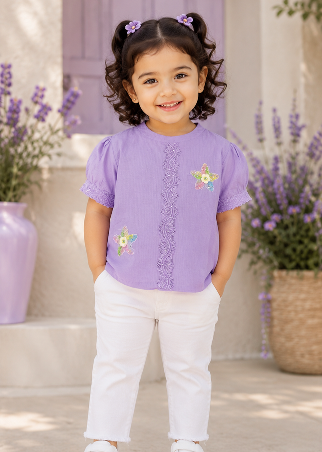 Girls Lavender Floral Lace Cotton Top for Kids | Stylish Casual Party Wear Top