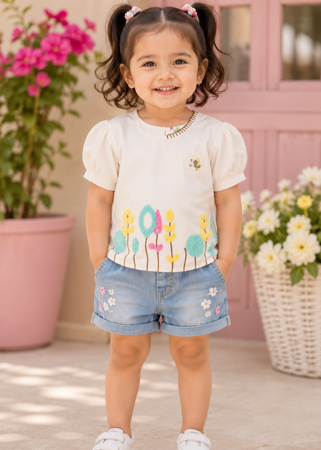 Girls White Floral Embroidered Top for Kids | Stylish Casual Party Wear Top