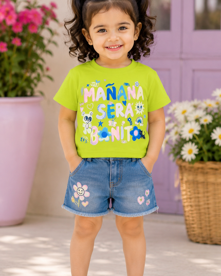 Girls Neon Green Graphic Printed Cotton Top for Kids | Trendy Casual Summer Wear Top