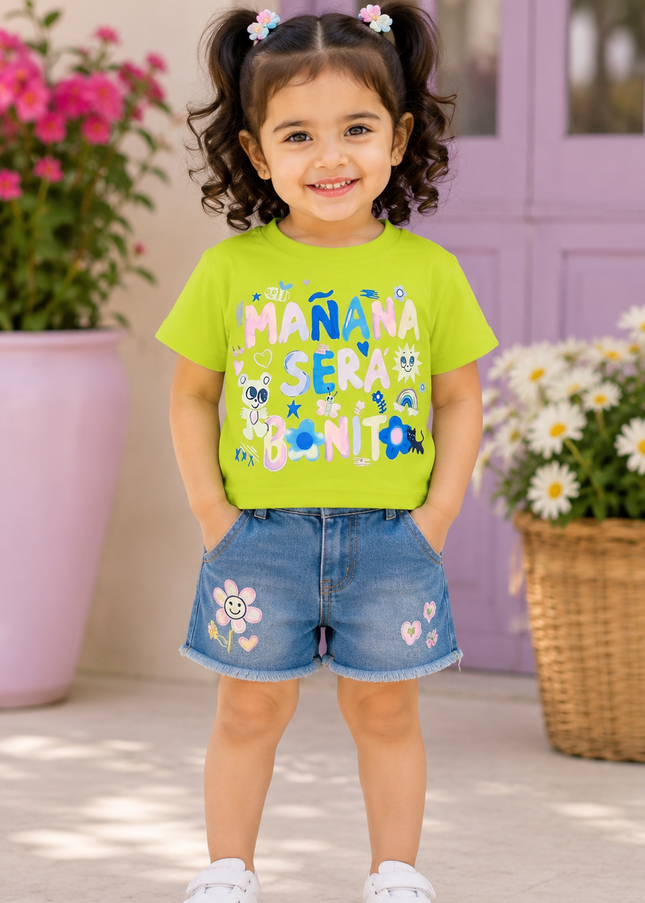 Girls Neon Green Graphic Printed Cotton Top for Kids | Trendy Casual Summer Wear Top