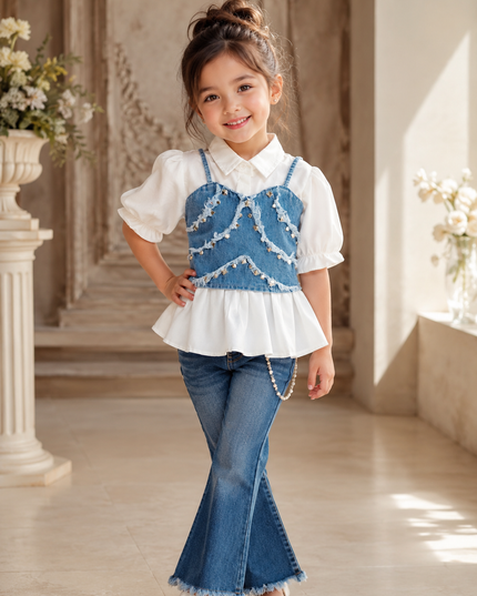 He and She Girls Denim Corset Style Puff Sleeve Top
