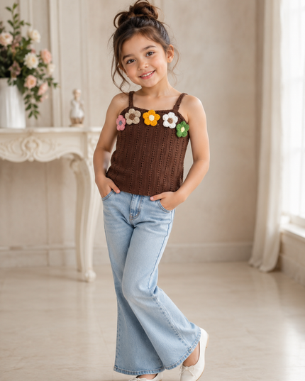 He and She Girls Floral Crochet Knit Sleeveless Top