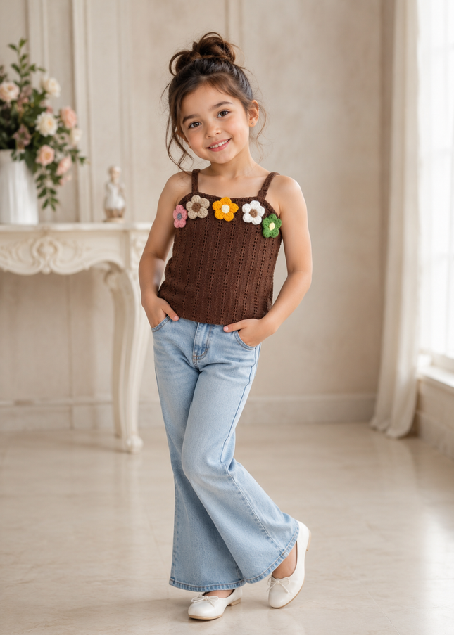 He and She Girls Floral Crochet Knit Sleeveless Top
