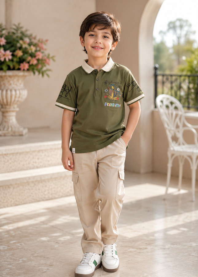 He and She Boys Olive Green Printed Polo T-Shirt