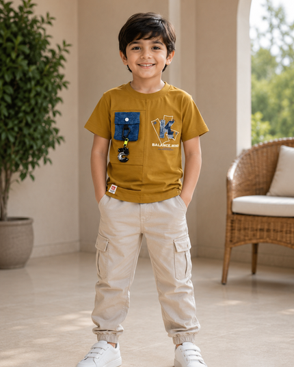 He and She Boys Mustard Graphic Pocket T-Shirt