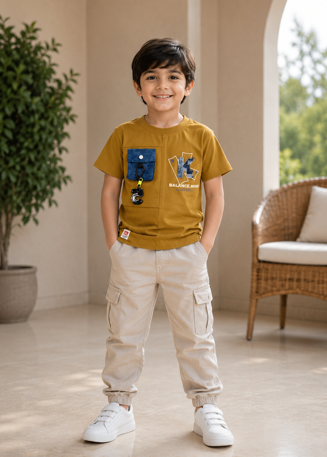 He and She Boys Mustard Graphic Pocket T-Shirt