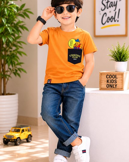 He and She Boys Orange Pocket Graphic Printed T-Shirt