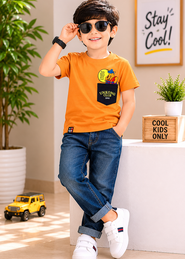 He and She Boys Orange Pocket Graphic Printed T-Shirt