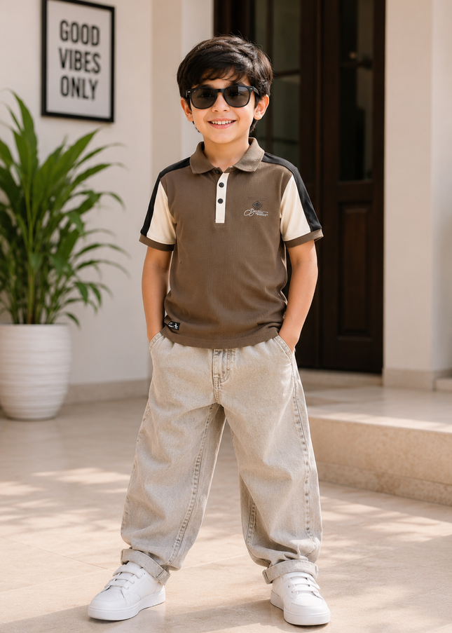 He and She Boys Brown Contrast Sleeve Polo T-Shirt