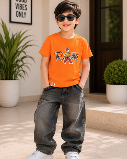 He and She Boys Orange Graphic Printed Casual T-Shirt