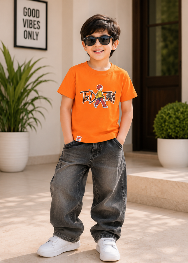 He and She Boys Orange Graphic Printed Casual T-Shirt