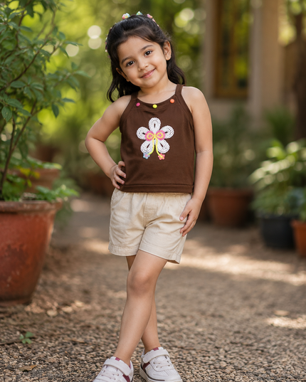 He and She Girls Brown Floral Embroidered Sleeveless Top | Stylish Casual Summer Top for Kids