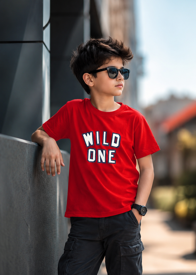 He and She Boys Red Wild One Half Sleeve T-Shirt | Stylish Casual Cotton Tee for Kids