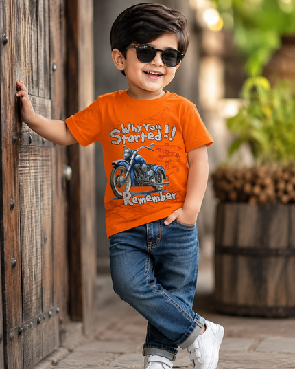 He and She Boys Orange Motorcycle Graphic Printed Cotton T-Shirt