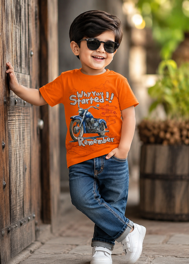 He and She Boys Orange Motorcycle Graphic Printed Cotton T-Shirt