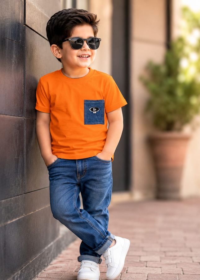 He and She Boys Orange Pocket Detail Cotton T-Shirt | Casual Half Sleeve Round Neck Tee