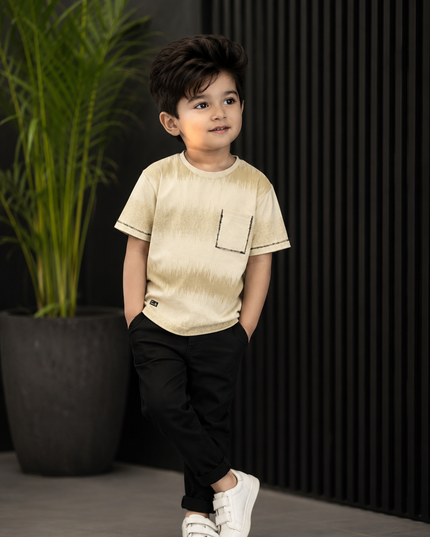 He And She Boys Beige Printed Pocket Cotton T-Shirt | Casual Round Neck Half Sleeve Tee for Kids