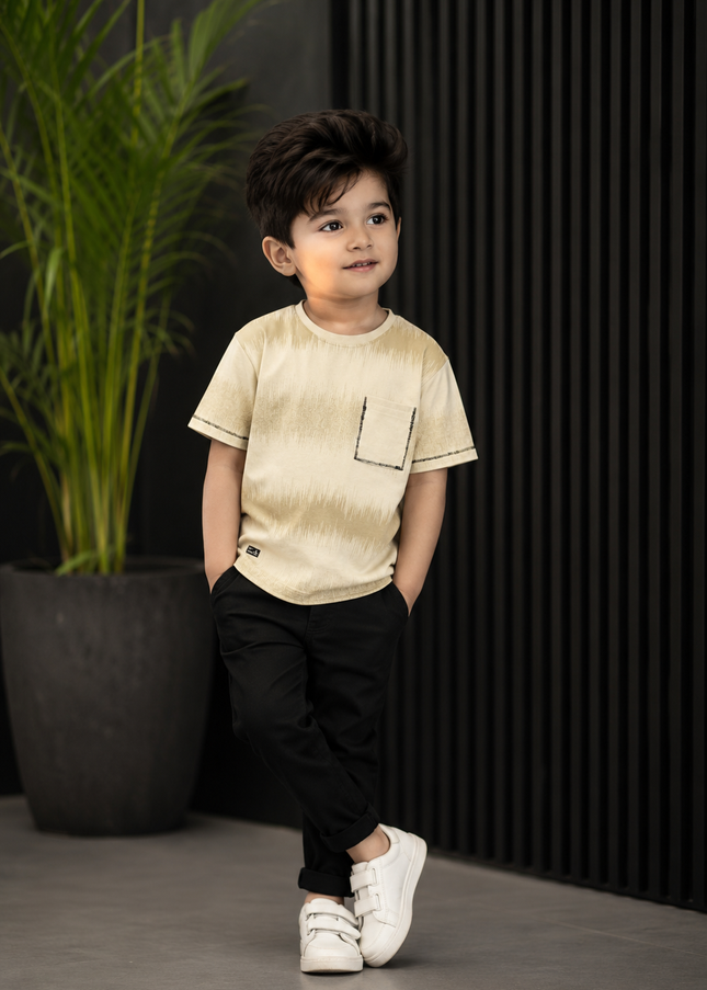 He And She Boys Beige Printed Pocket Cotton T-Shirt | Casual Round Neck Half Sleeve Tee for Kids