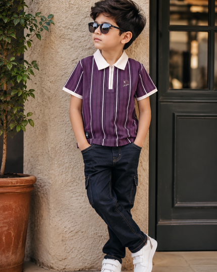 He and She Boys Purple Striped Polo T-Shirt | Casual Half Sleeve Cotton Kids T-Shirt