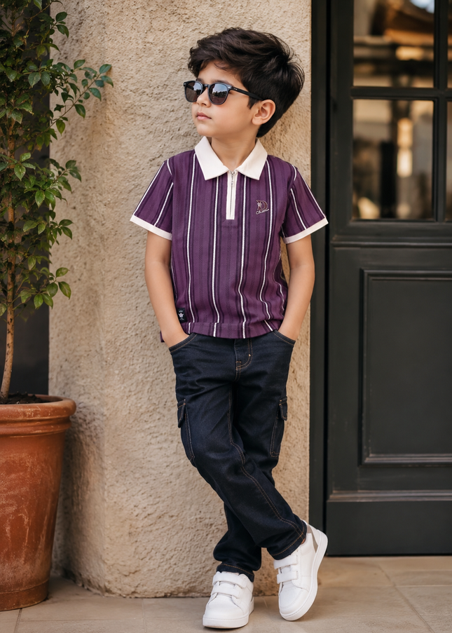 He and She Boys Purple Striped Polo T-Shirt | Casual Half Sleeve Cotton Kids T-Shirt