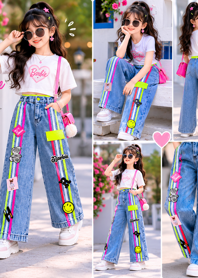 He & She Girls Wide Leg Denim Jeans with Neon Side Stripes & Patch Work
