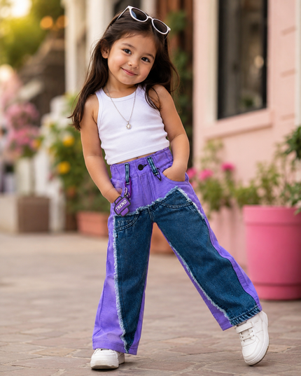 He & She Girls Trendy Purple Wide Leg Denim Patch Jeans