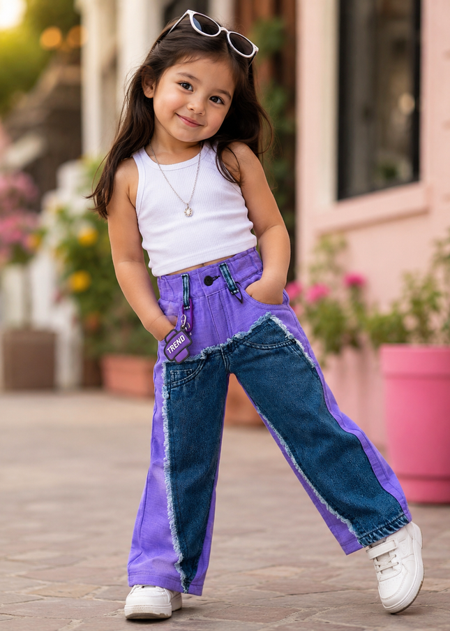 He & She Girls Trendy Purple Wide Leg Denim Patch Jeans