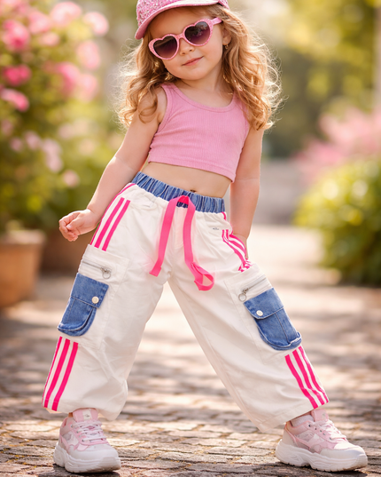 He & She Girls White Cargo Jeans with Pink Stripes & Denim Pockets | Trendy Kids Wide Leg Pants