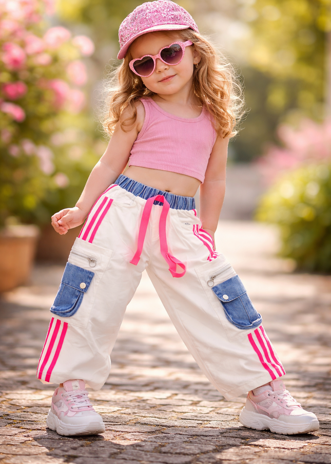 He & She Girls White Cargo Jeans with Pink Stripes & Denim Pockets | Trendy Kids Wide Leg Pants